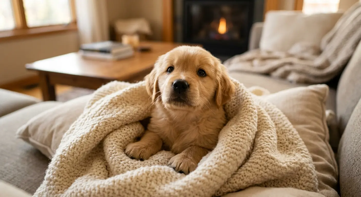 A golden retriever puppy snuggled in a cozy, knitted blanket on a couch, with a warm fireplace in the background, creating a serene and inviting atmosphere.